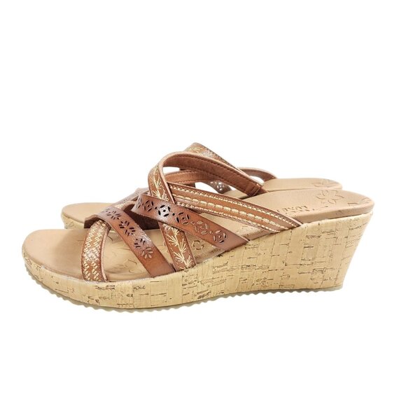 Skechers Luxe Foam Womens Size 8 Brown Wedge Sandals Strappy Floral - Picture 5 of 8